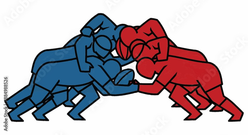Two wrestlers in blue and red grapple intensely on a plain background in illustration