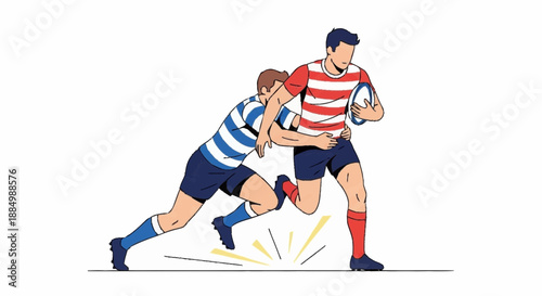 Rugby players in action, one tackling the other, on a sports field illustration
