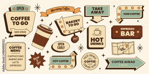 Retro coffee to go sign sticker set with arrows, slogans, coffee cup, lettering and more. Vector illustration in vintage brown teal colors mid century 50s style for branding, menu, print, travel blog