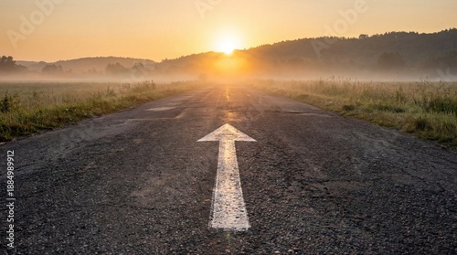 white arrow sign asphalt road with rising sun background
