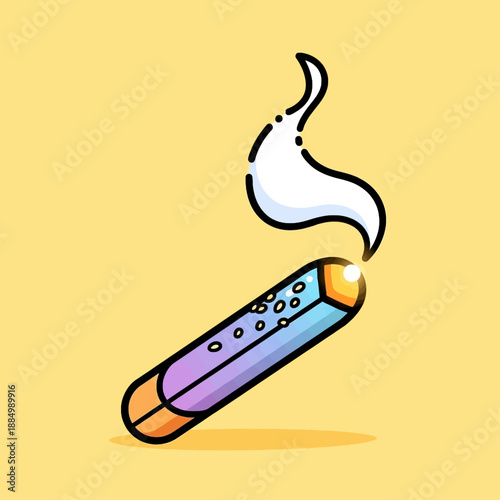 Stylized cartoon illustration of a lit incense stick or crystal emitting smoke on a yellow background.