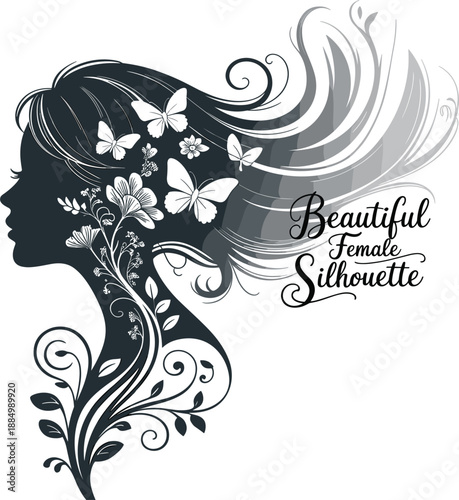 Elegant woman silhouette with decorative flowers and butterflies for beauty or hair salon design vector