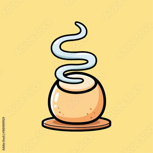 A cartoon illustration of a steaming round pot or bowl on a saucer, depicting warmth and comfort.