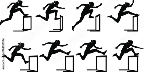 Hurdle jump silhouette illustration sequence, athletic motion breakdown, cad drawing flat vector artwork, black and white theme, dynamic sports pose