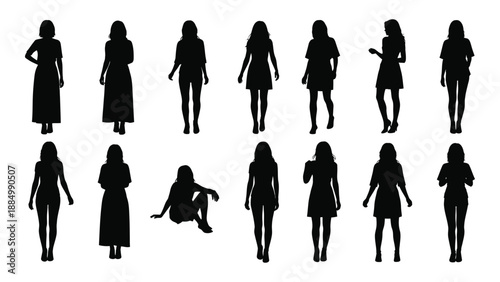 Silhouettes of women in various poses isolated on white background, Vector