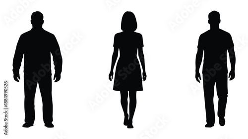 Silhouettes of three individuals isolated on white background, Vector