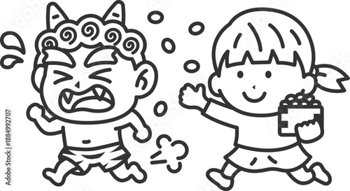 赤鬼を対峙する、女の子のアイコン（線画）のイラスト
