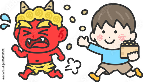 赤鬼を対峙する、男の子のアイコン（線画カラー）のイラスト