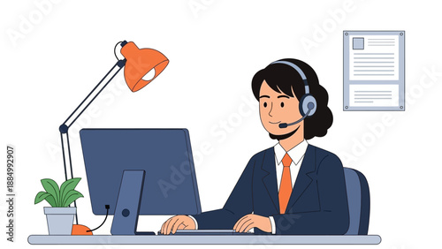 Woman Wearing Headset Working on Computer.