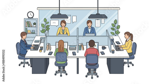 Office Workers at Desks with Computers.