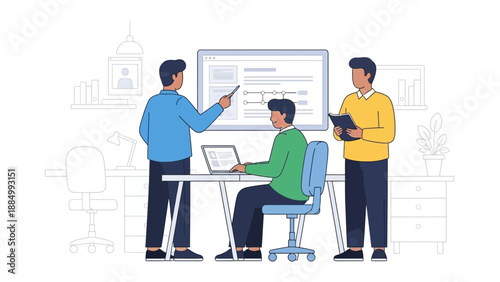 Three Men Collaborating on Project Together.