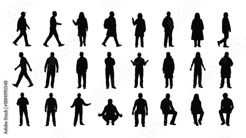 Collection of silhouetted human figures isolated on white background, Vector