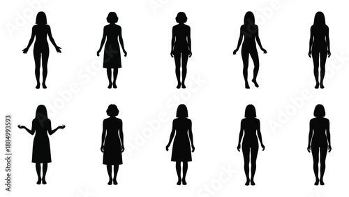 Silhouettes of women in various poses isolated on white background, Vector