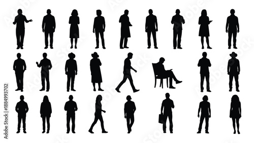 Silhouettes of various people isolated on white background, Vector