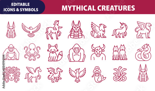 A collection of maroon line icons representing various mythical creatures and legendary beasts on white