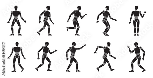 Humanoid robot walking poses collection showing different movements and step cycle positions