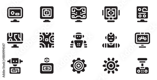 Technology monitor and microchip interface icons representing computer systems and data flow