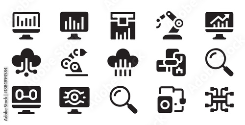 Set of artificial intelligence and data related icons representing technology and analysis