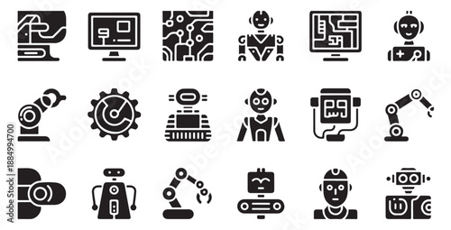 Industrial robotic arm and humanoid robot icons for manufacturing and technology processes