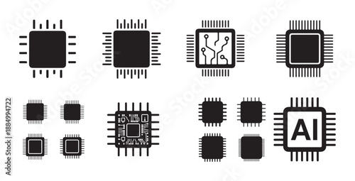 Set of 8 processor and microchip icons, representing computing and artificial intelligence