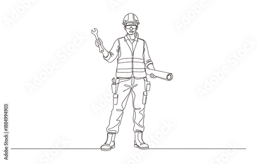 Continuous line drawing of young female architect engineer worker standing .