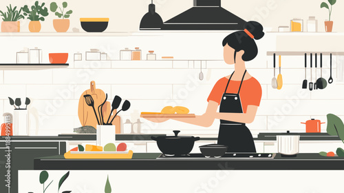Woman Cooking in Modern Kitchen Illustration.