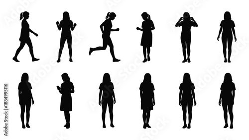 Silhouettes of people in various poses isolated on white background, Vector