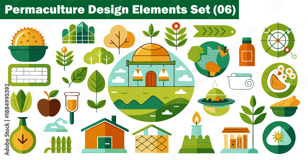 Naklejka premium Permaculture design elements set six flat graphic icons for green building and ecosystem vector illustration.