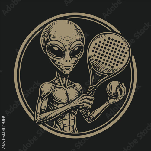Vintage Illustration of a Grey Alien Padel Player Mascot Emblem