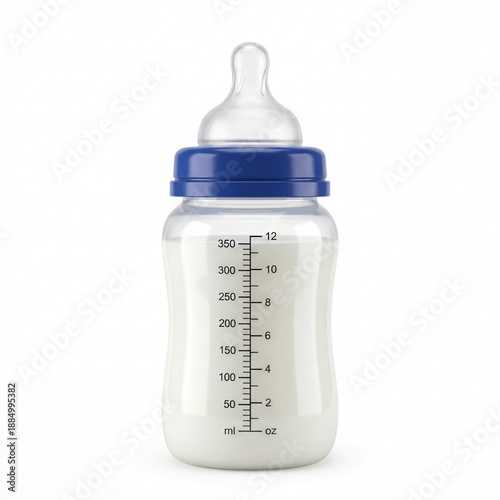 Plastic baby milk bottle with silicone nipple isolated on white.