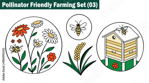 Pollinator-friendly farming, colorful illustrations with bees and flowers, vector illustration.