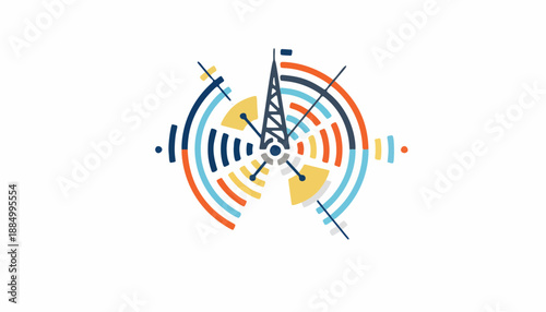 2D vector illustration symbolizing World Radio Day using abstract sound wave geometry and antenna shapes, simple flat vector style, white background_
