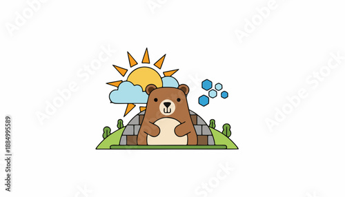 Flat 2D vector illustration representing Groundhog Day using abstract seasonal geometry, balanced composition, clean white background, simple shapes only.