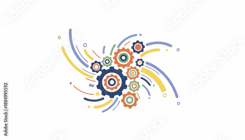 2D vector illustration representing National Inventors Day using abstract gears and light shapes, minimal flat design, clean white background, no text