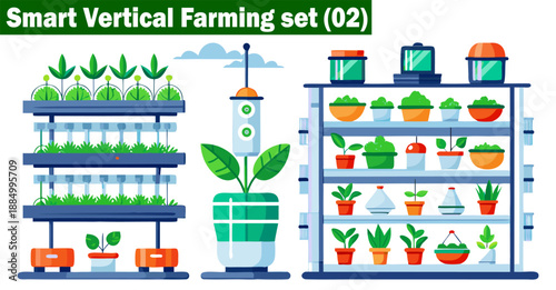 Modern vertical farm equipment for advanced indoor cultivation and plant growth vector illustration.
