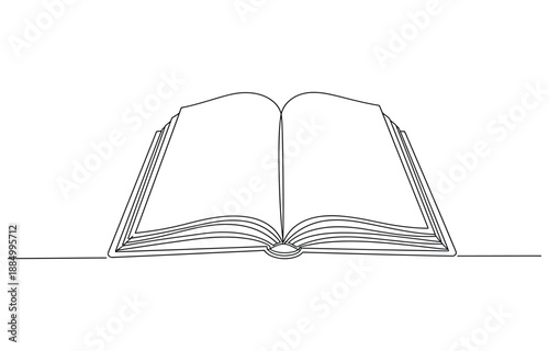 Opened book with flying page and stars in one continuous line drawing.