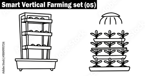 Set of smart vertical farming systems, including hydroponic racks and watering units, vector illustration.