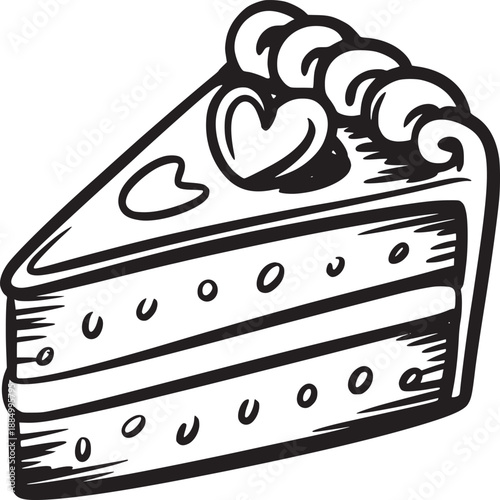 Illustration of a slice of cake with frosting and heart decorations in black and white outline style