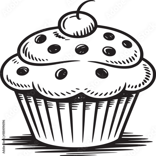 A black and white sketch of a cupcake with a cherry on top and chocolate chips on the frosting