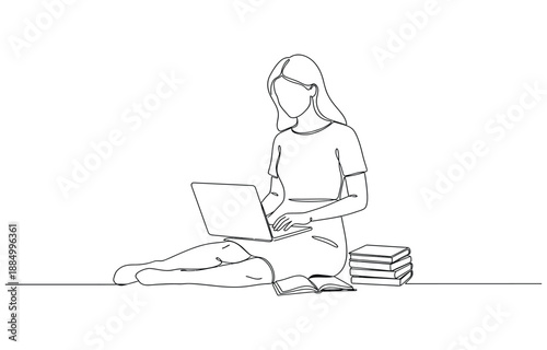 Continuous one line drawing of a woman with laptop and books.