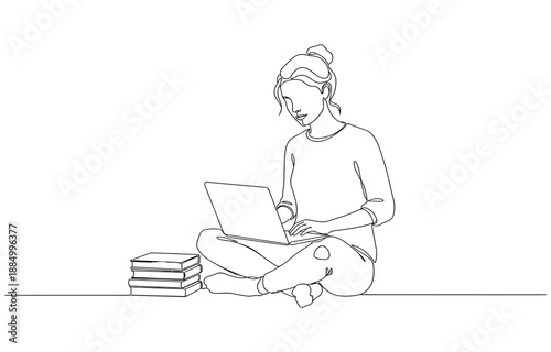 Continuous one line drawing of a woman with laptop and books.