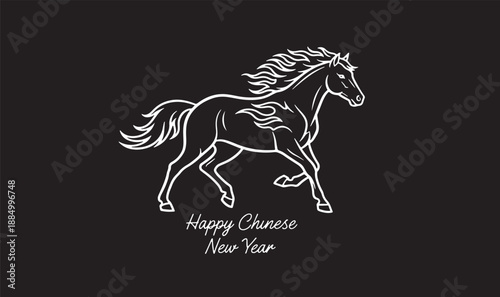 Chinese New Year Horse Line Art Vector Illustration Galloping Stallion Logo on Black Back