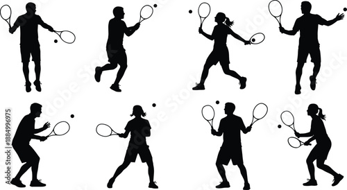 Black silhouettes of male and female tennis players in various action poses with rackets and balls isolated on white background