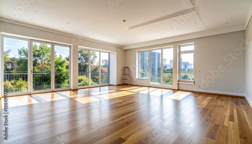 Bright and airy living room with wooden floors, large windows, and city views, perfect for modern interior design inspiration.