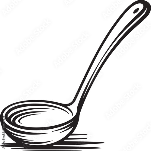 A simple black and white illustration of a ladle with a long handle and a round bowl shape design