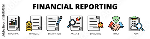 Financial reporting web banner icon vector illustration concept for financial transparency with icon of reporting, financial, examination, analysis, standards, trust, and audit.