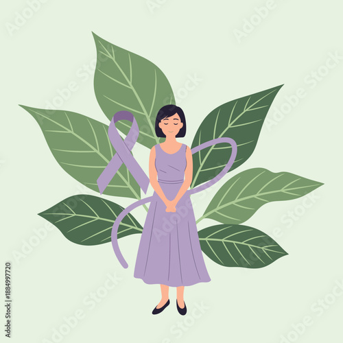 Woman with Purple Ribbon and Green Leaves - Domestic Violence Awareness
