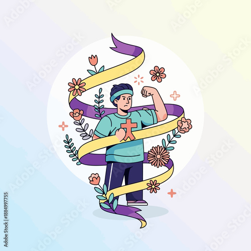 Strong Man Flexing Bicep Surrounded by Ribbon and Flowers, Symbol of Strength and Health