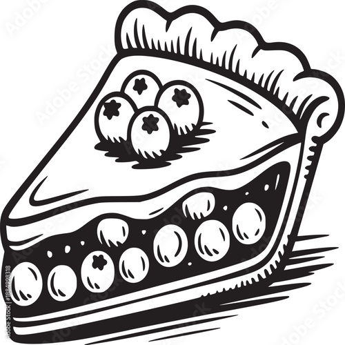 Illustration of a slice of blueberry pie with a decorative crust and blueberry filling design element