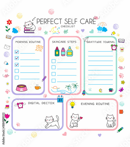 Purr fect Self Care Checklist Cute Cat Illustration Planner Template